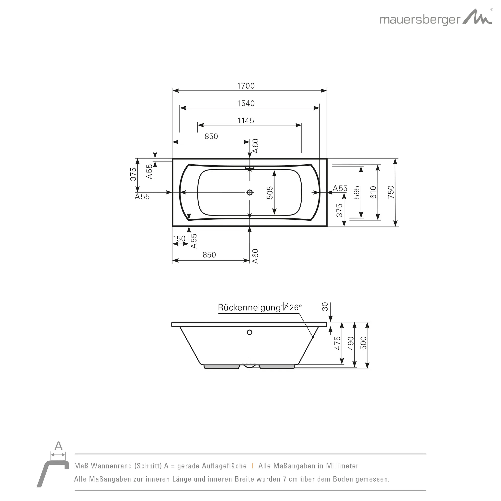 Mauersberger jucunda Acryl-Badewanne Rechteckform weiß 1700x750x500 Mauersberger jucunda Acryl-Badewanne Rechteckform weiß 1700x750x500