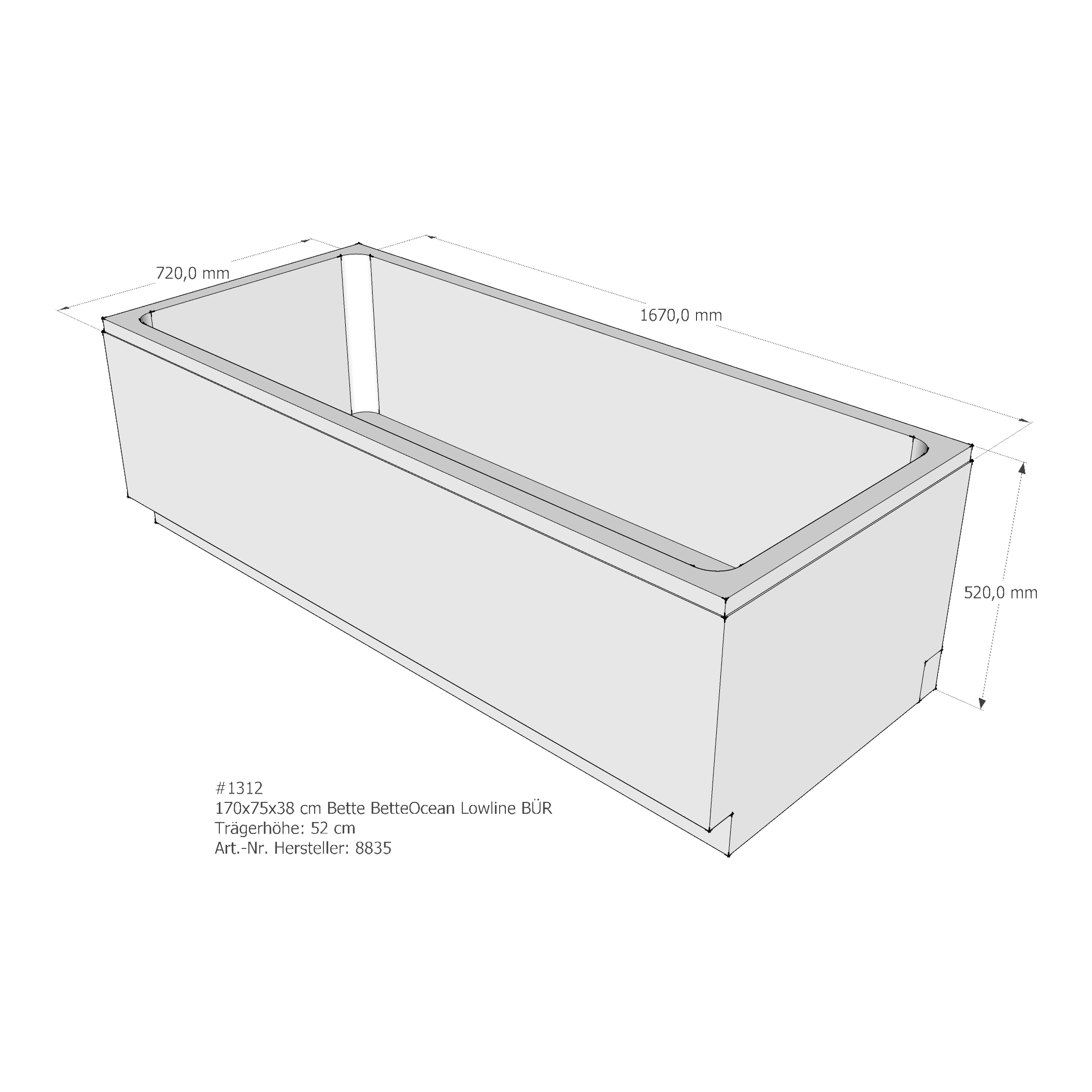 Badewannenträger für Bette Ocean Lowline 170 × 75 × 38 cm Ab- und Überlaufposition: vorn / Breite: 75 cm / Länge: 170 cm Badewannenträger für Bette Ocean Lowline 170 × 75 × 38 cm Ab- und Überlaufposition: vorn / Breite: 75 cm / Länge: 170 cm