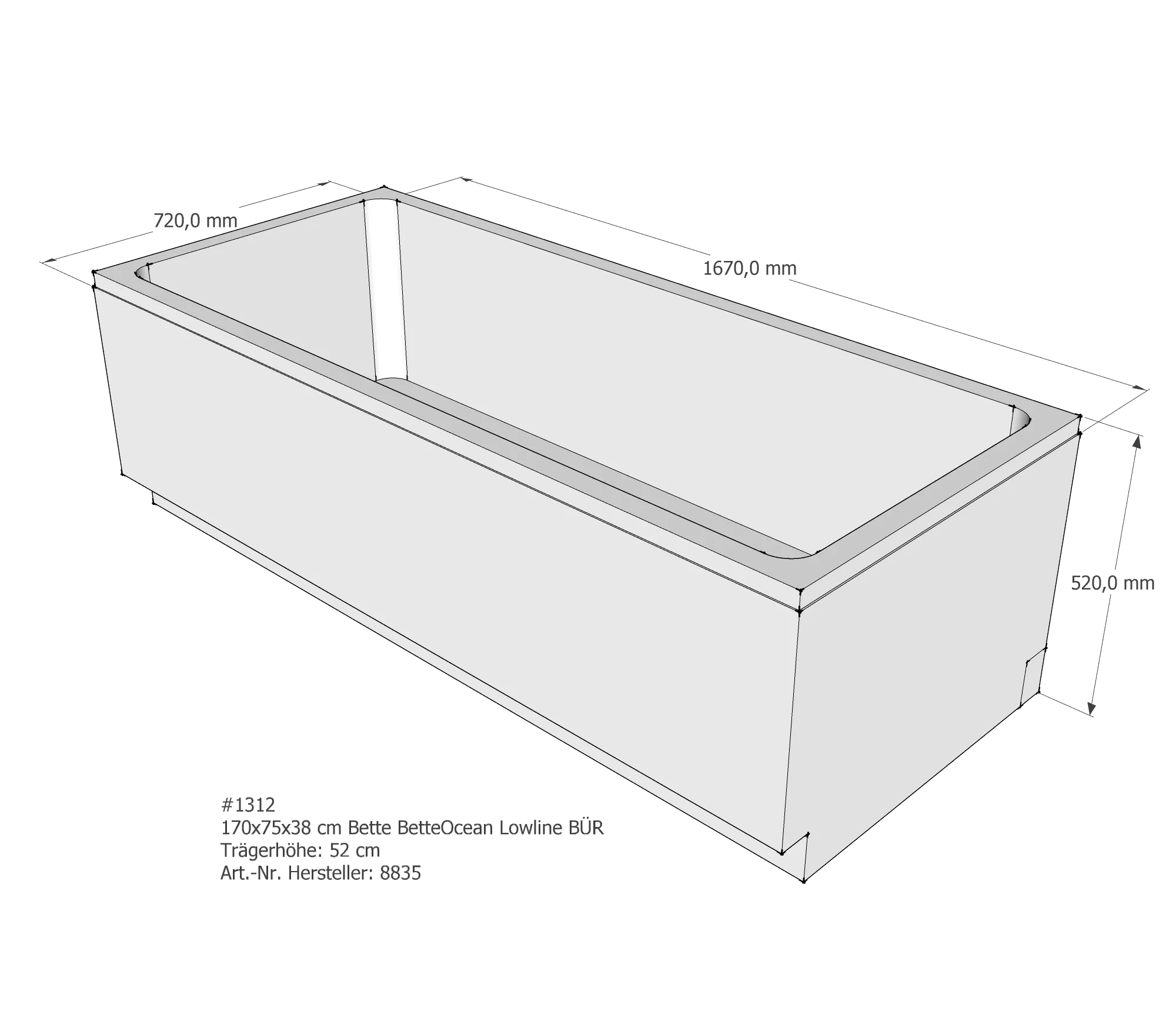 Badewannenträger für Bette Ocean Lowline 170 × 75 × 38 cm Ab- und Überlaufposition: vorn / Breite: 75 cm / Länge: 170 cm