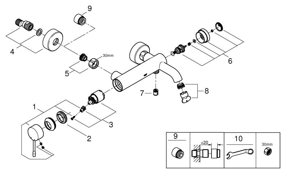 Grohe Essence Einhand-Wannenbatterie, Wandmontage, eigensicher, Professional Edition, chrom Grohe Essence Einhand-Wannenbatterie, Wandmontage, eigensicher, Professional Edition, chrom