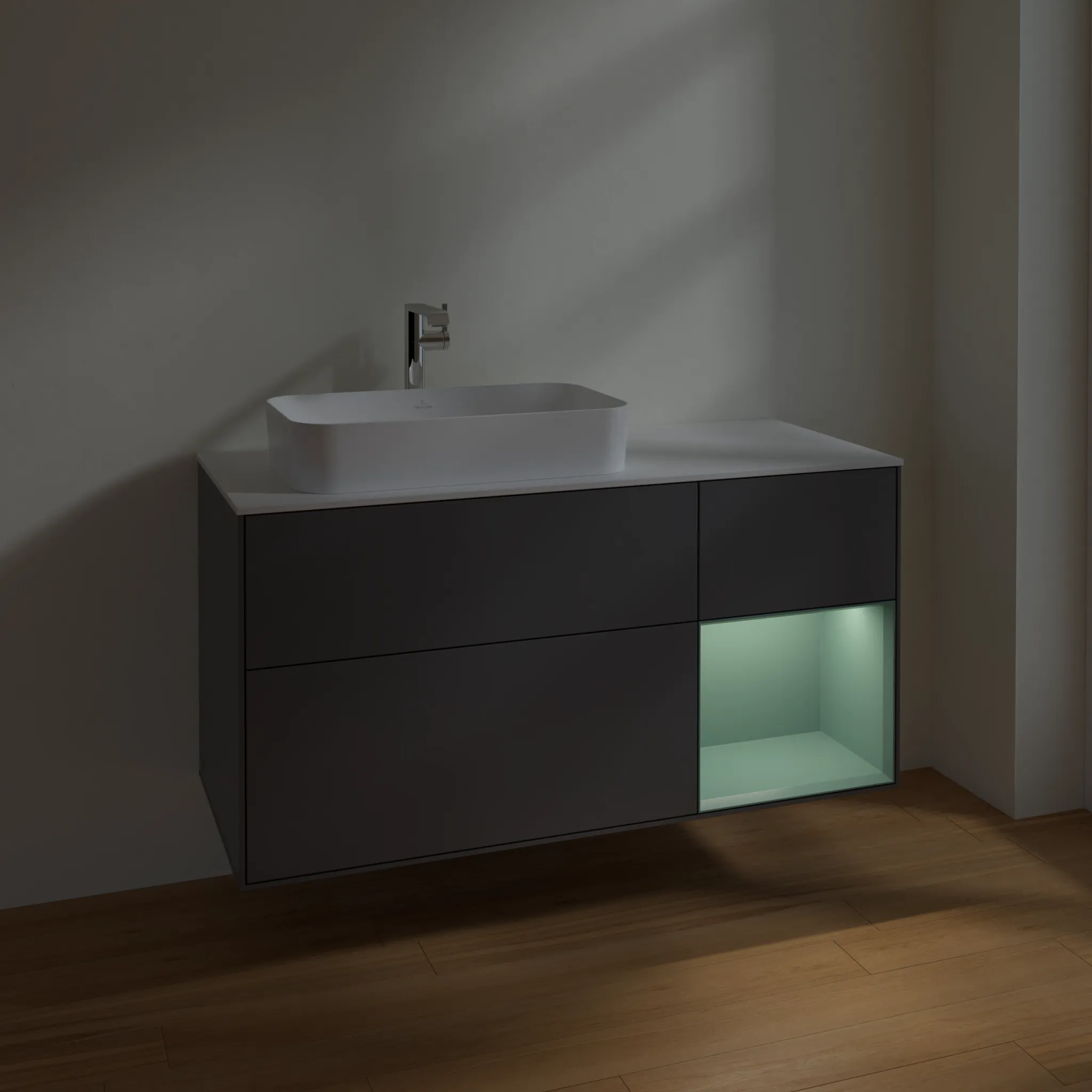 Villeroy & Boch Waschtischunterschrank „Finion“ für Schrankwaschtisch 1200 × 603 × 501 mm Anthracite Matt Lacquer, für Becken links, mit Hahnlochbohrung