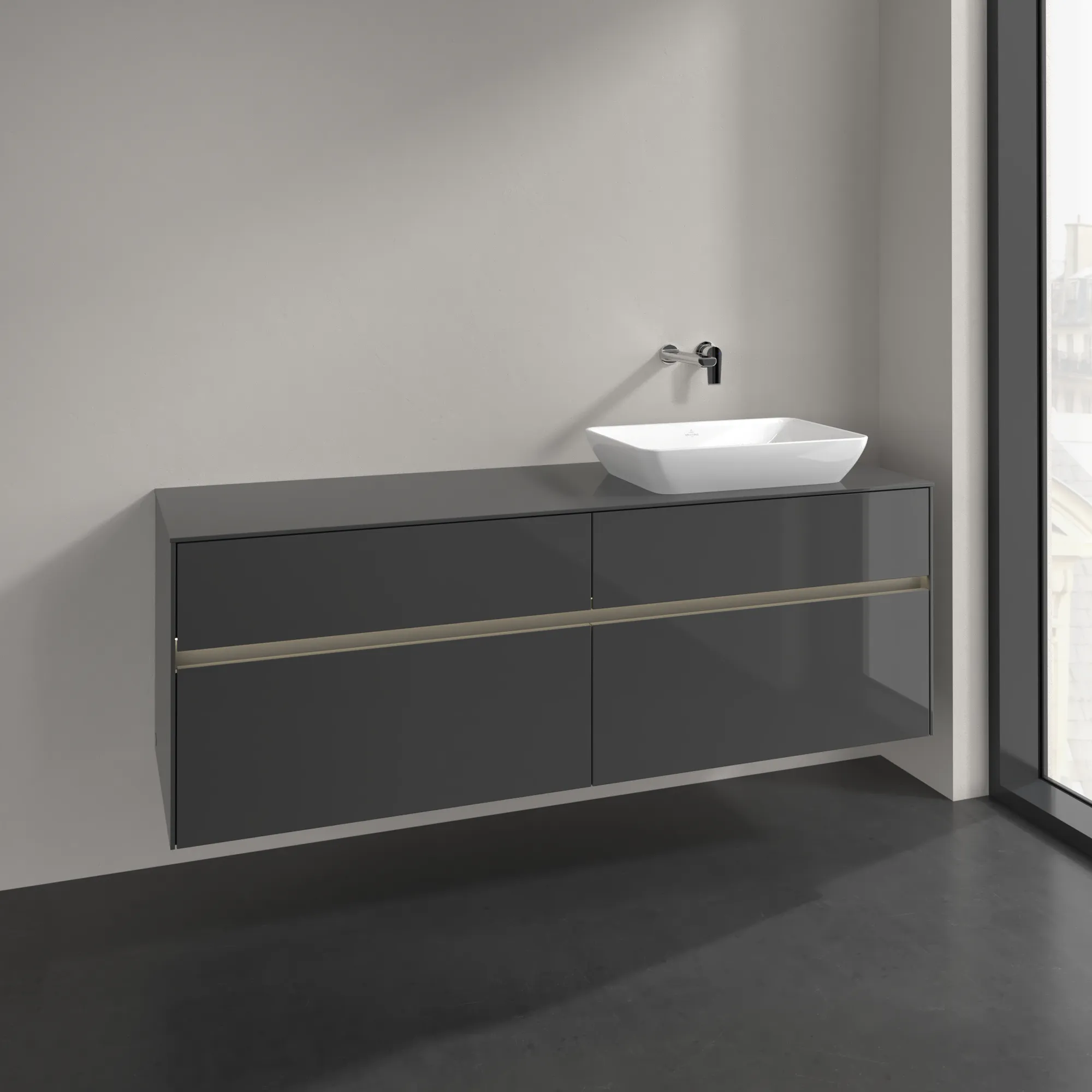 Villeroy & Boch Waschtischunterschrank „Collaro“ 1600 × 548 × 500 mm Glossy Grey, mit Beleuchtung, für Becken rechts Villeroy & Boch Waschtischunterschrank „Collaro“ 1600 × 548 × 500 mm Glossy Grey, mit Beleuchtung, für Becken rechts