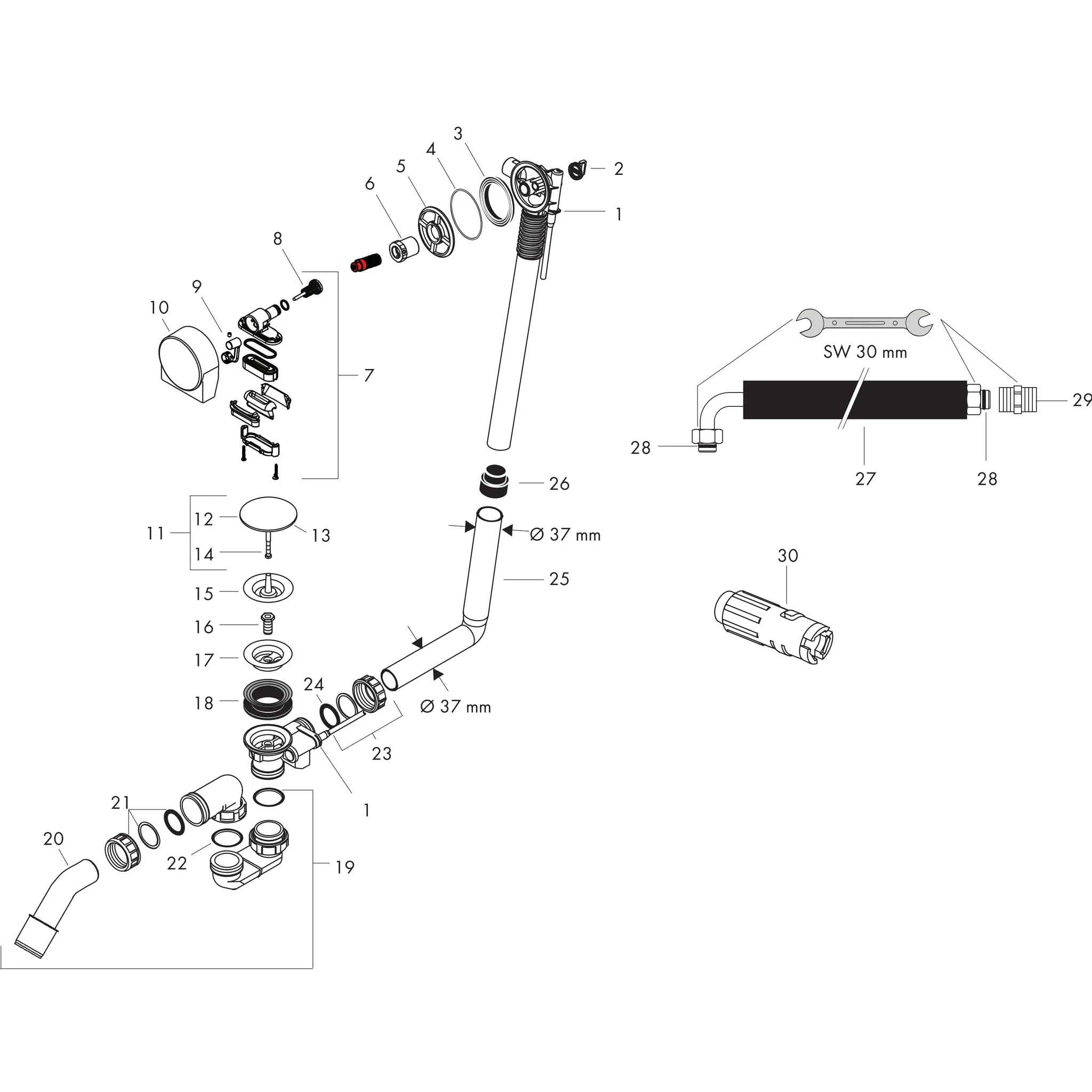 Hansgrohe AXOR Komplettset Wanneneinlauf, Ablauf- und Überlaufgarnitur für Sonderwannen, Chrom Hansgrohe AXOR Komplettset Wanneneinlauf, Ablauf- und Überlaufgarnitur für Sonderwannen, Chrom