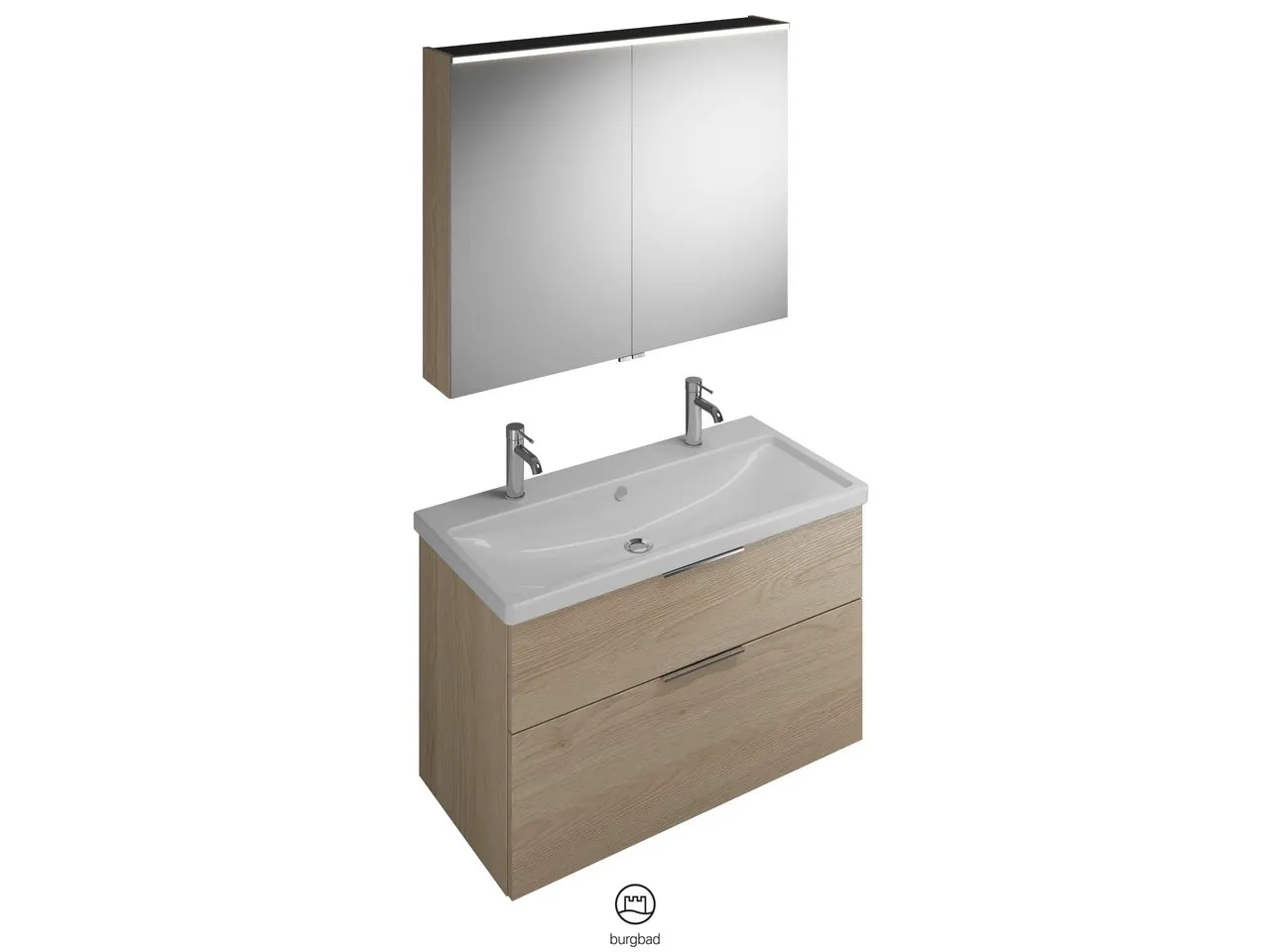 burgbad Badmöbelset Keramik-Waschtisch inkl. Waschtischunterschrank und Spiegelschrank „Eqio“ 103 cm Stangengriff, Schwarz Matt (140 / 397 mm), in Grau Hochglanz burgbad Badmöbelset Keramik-Waschtisch inkl. Waschtischunterschrank und Spiegelschrank „Eqio“ 103 cm Stangengriff, Schwarz Matt (140 / 397 mm), in Grau Hochglanz