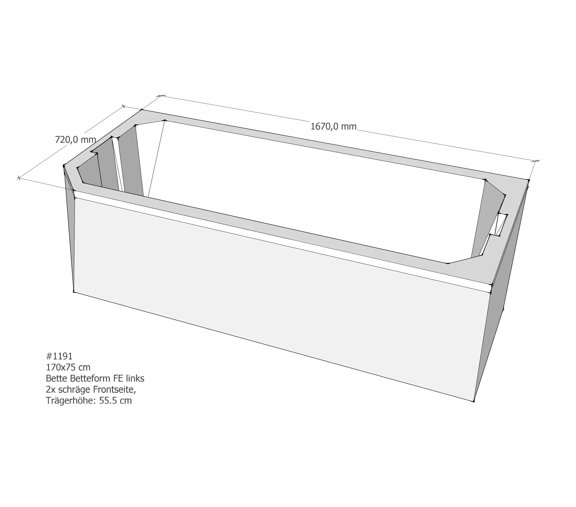 Badewannenträger für Bette Profi-Form FE links schräge Frontseite 170 × 75 × 42 cm Ausführung: links / Breite: 75 cm / Länge: 170 cm