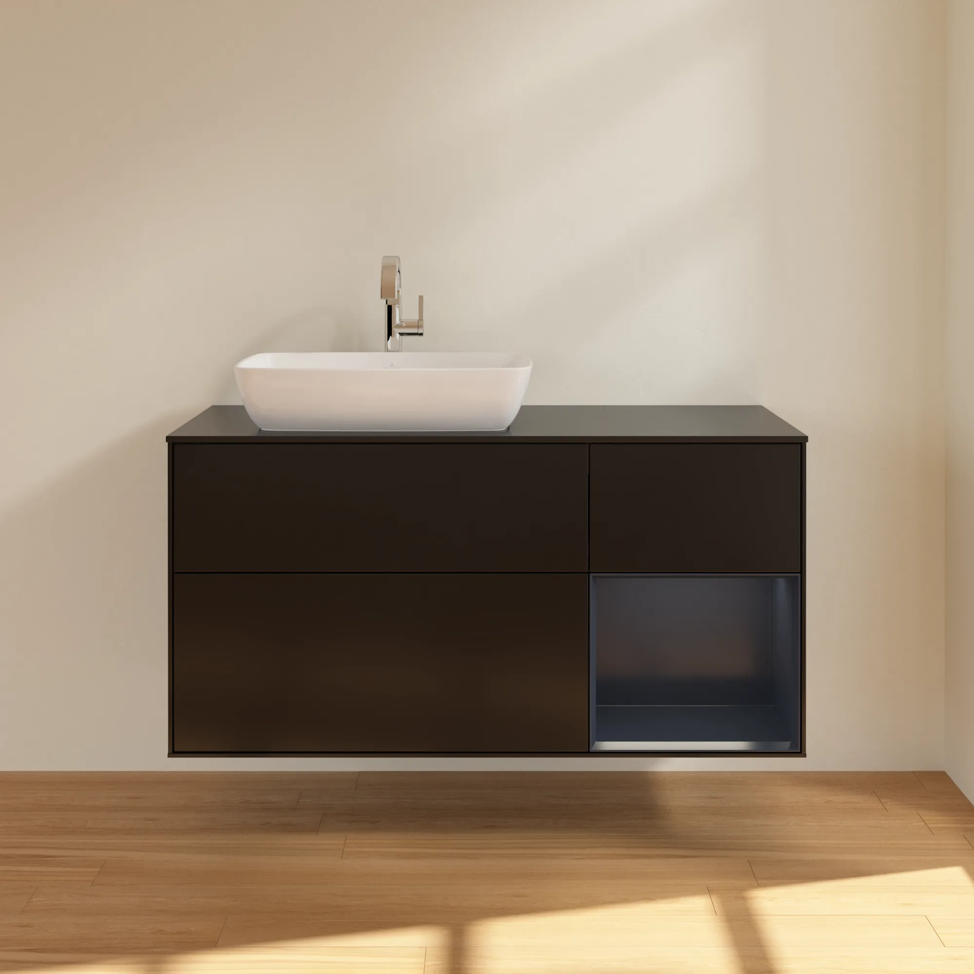 Villeroy & Boch Waschtischunterschrank „Finion“ für Schrankwaschtisch 1200 × 603 × 501 mm Black Matt Lacquer, für Becken links Villeroy & Boch Waschtischunterschrank „Finion“ für Schrankwaschtisch 1200 × 603 × 501 mm Black Matt Lacquer, für Becken links