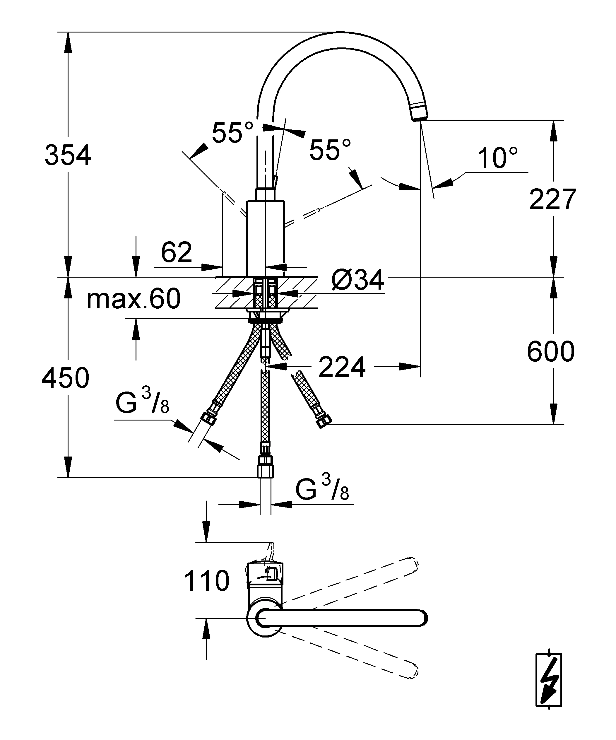 Einhand-Spültischbatterie Eurosmart Cosmopolitan 31180, hoher Auslauf, Einlochmontage, Niederdruck für offene Warmwasserbereiter, chrom