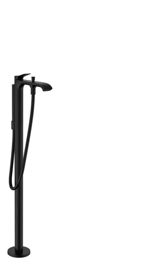 Hansgrohe Vivenis Einhebel-Wannenmischer bodenstehend mattschwarz, Ausladung 236 mm, mit Stabhandbrause und Brauseschlauch