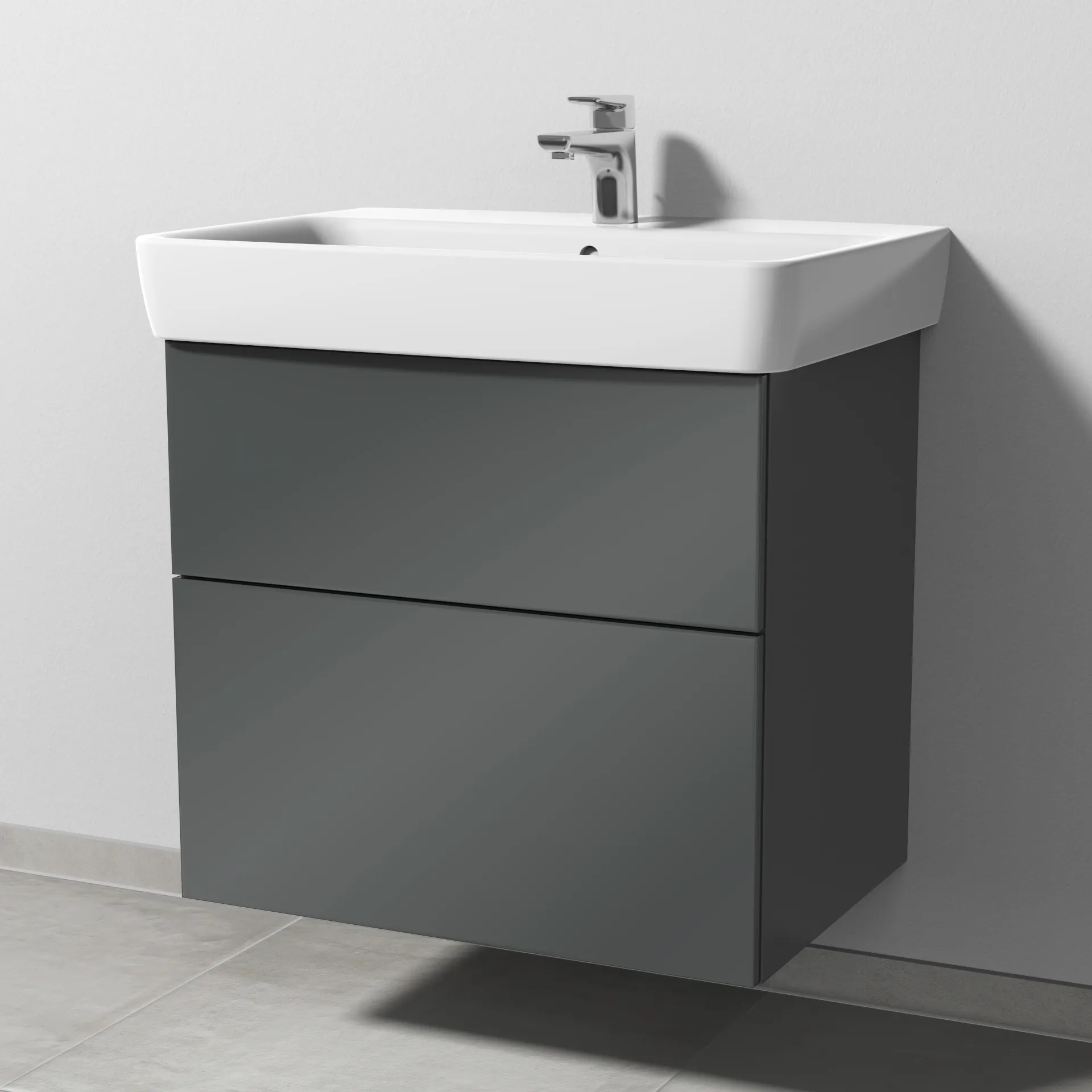 Sanipa Waschtischunterschrank „3way“ passend zu Keramik-Waschtische Renova Plan von Geberit 635 × 588 × 407 mm in Anthrazit (glanz), Becken mittig