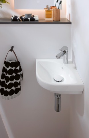 Eck-Handwaschbecken „Subway 3.0“ 32 × 32 × 14,5 × 14,5 cm, mit Hahnlochbohrung, Hahnlochposition mittig in Weiß Alpin