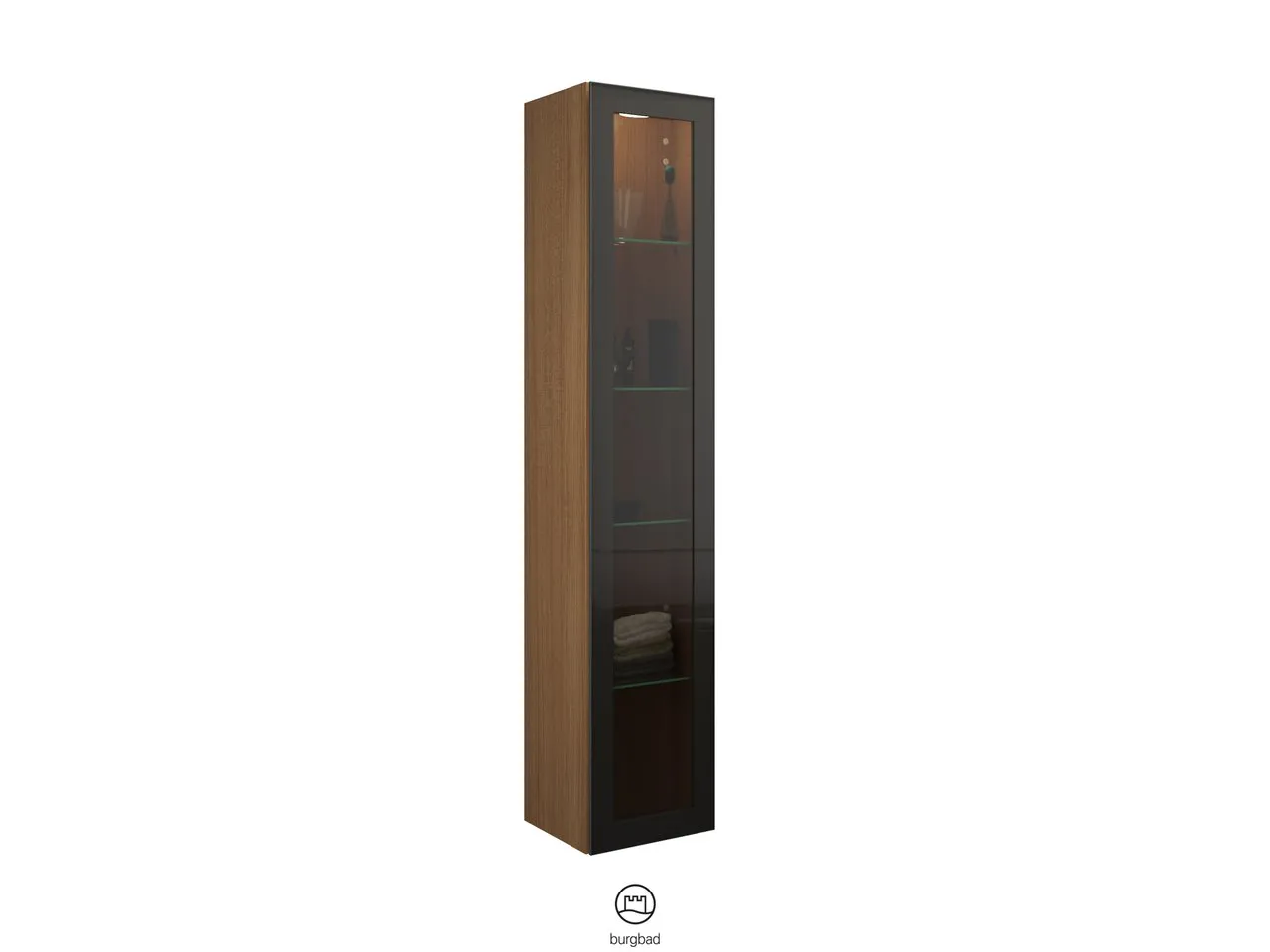 Hochschrank, 1 Alurahmentür mit Rauchglaseinsatz in Bronze;4 Glaseinlegeböden;LED-Innenbeleuchtung, 5 W, 4000 K;Energieeffizienzklasse F;für Raumschaltung;IP20, Tiefe: 320 mm, Breite: 350 mm, Höhe: 1760 mm