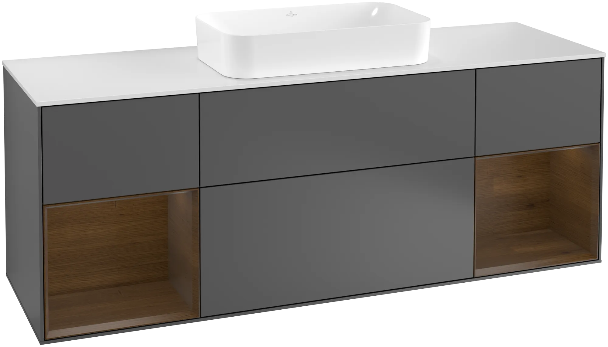 Villeroy & Boch Finion Waschbeckenunterschrank G33 1600x603x501mm Anthrazit Matt Lack / Walnuss Furnier / Glas Weiss Matt