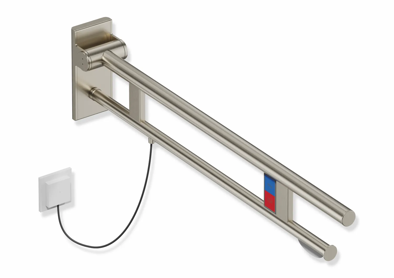 Stützklappgriff Duo, Design A des Systems 900, Edelstahl, PVD, Ausladung 900 mm, mit WC-Papierhalter und Spül-/Funktionstasten (E-Ausführung), Ausführung links, in Farbe CK (messing glänzend) Stützklappgriff Duo, Design A des Systems 900, Edelstahl, PVD, Ausladung 900 mm, mit WC-Papierhalter und Spül-/Funktionstasten (E-Ausführung), Ausführung links, in Farbe CK (messing glänzend)