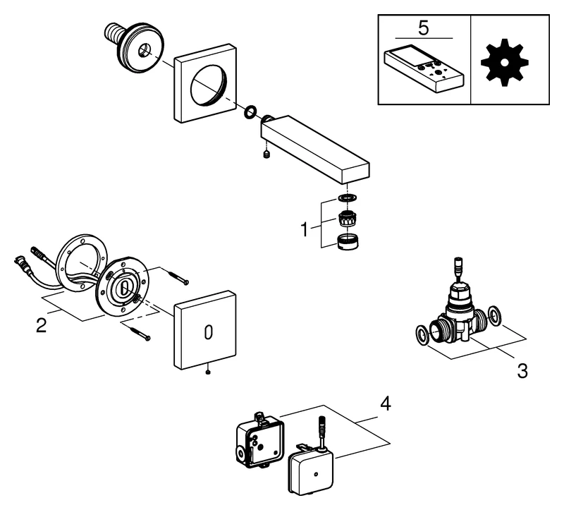 Infrarot-Elektronik für Waschtisch-Wandarmatur Eurocube E 36442, Fertigmontageset für Rapid SL 38 748 002 oder Rohbauset 36 264 001, ohne Mischung, mit Trafo 100-230 V AC, 50-60 Hz, 6 V D, chrom