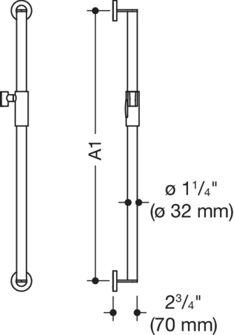 Brausehalterstange, Sonderlänge, Edelstahl, schliff, Achsmaß auf Maß von 600 bis 1250 mm, D: 32 mm, 70 mm tief, mit magnetischem Brausehalter Brausehalterstange, Sonderlänge, Edelstahl, schliff, Achsmaß auf Maß von 600 bis 1250 mm, D: 32 mm, 70 mm tief, mit magnetischem Brausehalter