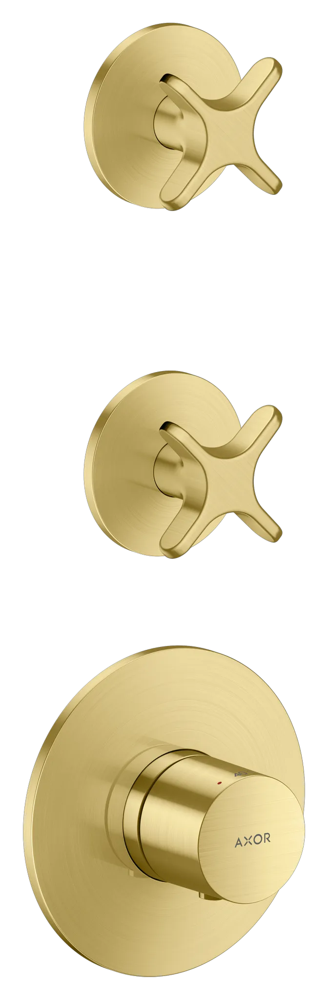 Hansgrohe AXOR One Thermostatmodul Unterputz für 2 Verbraucher mit Kreuzgriff BB, Brushed Brass, DN20, max. Durchfluss 30,5 l/min bei 3 bar Hansgrohe AXOR One Thermostatmodul Unterputz für 2 Verbraucher mit Kreuzgriff BB, Brushed Brass, DN20, max. Durchfluss 30,5 l/min bei 3 bar