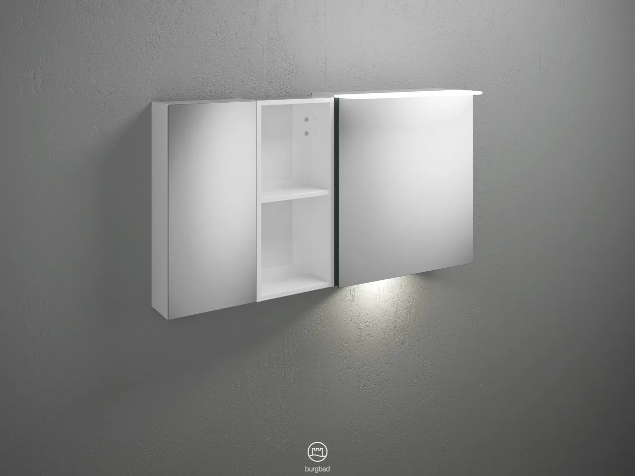 Badu Spiegelschrank SFUD120 von burgbad - 310 mm tief, 1.200 mm breit, 665 mm hoch, beidseitig verspiegelt mit LED-Aufsatzleuchte und Waschtischbeleuchtung