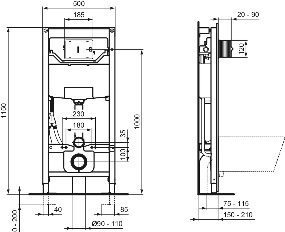 WC-Element 120M ProSys mit Leerrohr für Dusch-WC