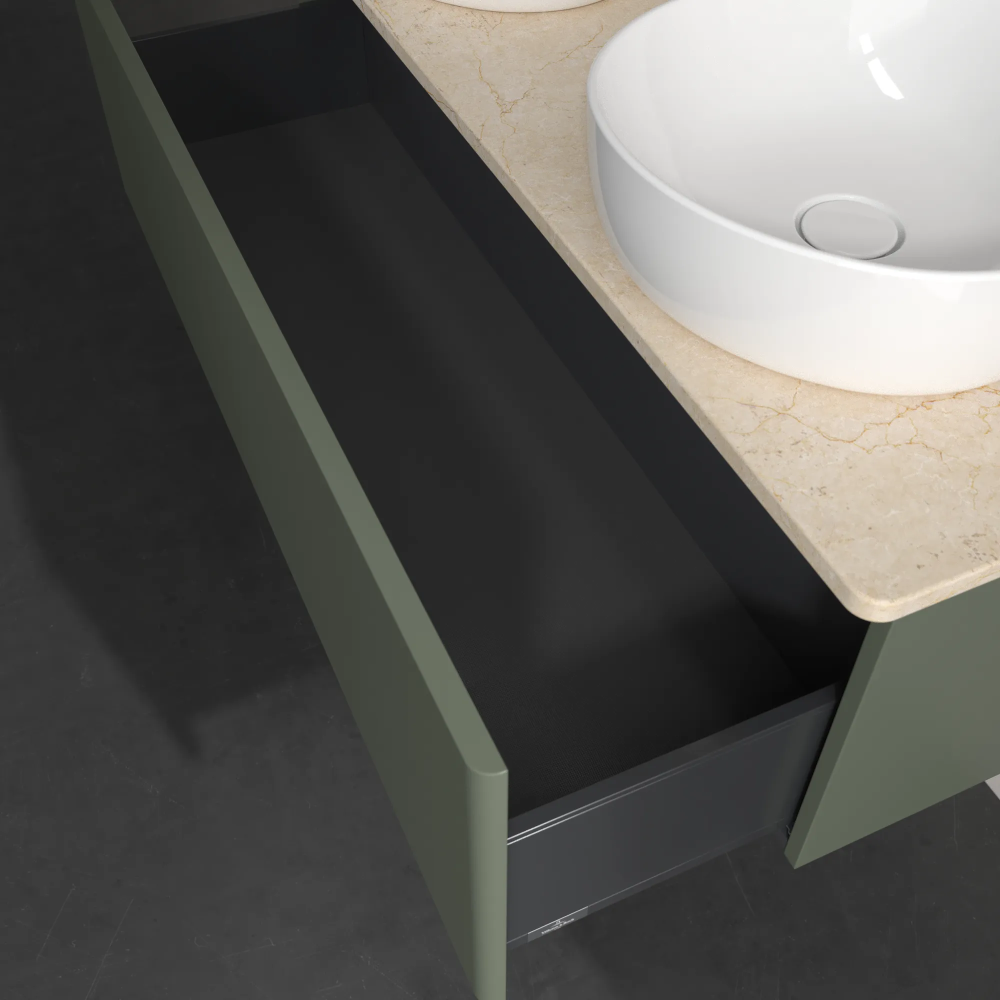 Villeroy & Boch Waschtischunterschrank „Antao“ 1200 × 360 × 500 mm Leaf Green Matt Lacquer, für links und rechts, ohne Beleuchtung Villeroy & Boch Waschtischunterschrank „Antao“ 1200 × 360 × 500 mm Leaf Green Matt Lacquer, für links und rechts, ohne Beleuchtung