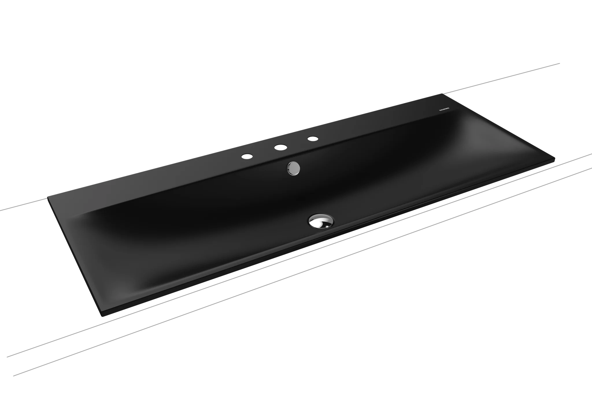 Kaldewei SILENIO Einbauwaschtisch, schwarz matt 100, 1200x460 mm, 14 mm Randhöhe, mit 3er Hahnlochbohrung und Überlauf, Perl-Effekt, chromfarbene Sichtteile