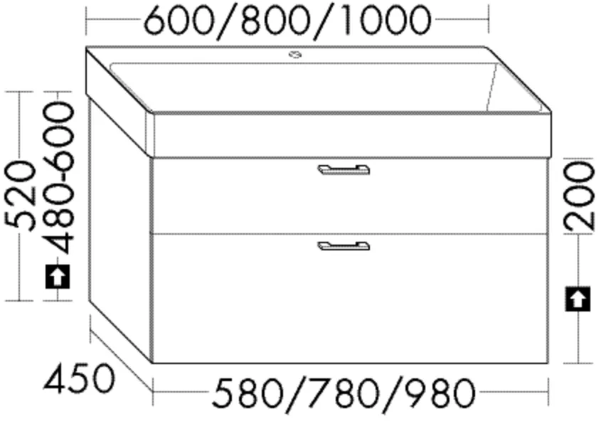 Waschtischunterschrank Sys30 von burgbad - 450x580x520 mm, 1 Schublade oben (300 mm tief), 1 Auszug unten (350 mm tief), mit Siphonausschnitt