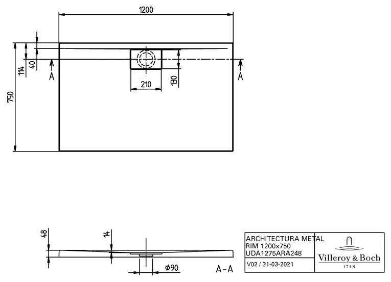 Villeroy & Boch rechteck Duschwanne „Architectura MetalRim“ 120 × 75 cm