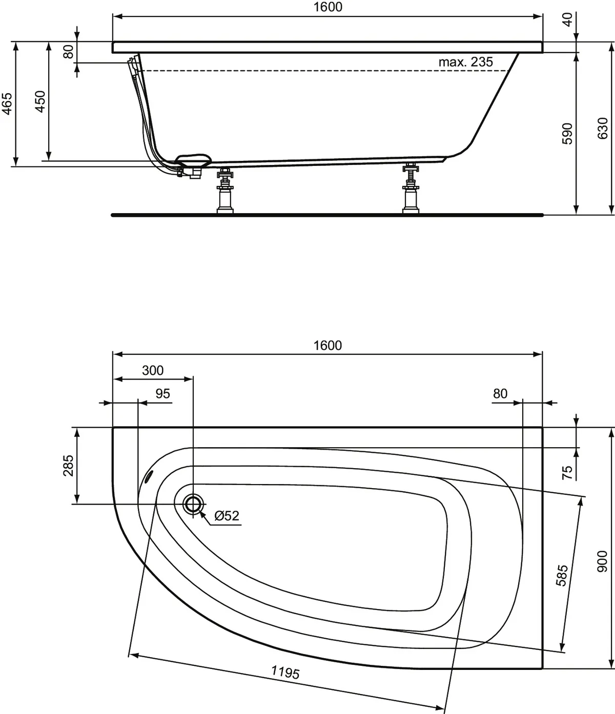 Ideal Standard Badewanne „HotlineNeu“ 90 × 160 cm