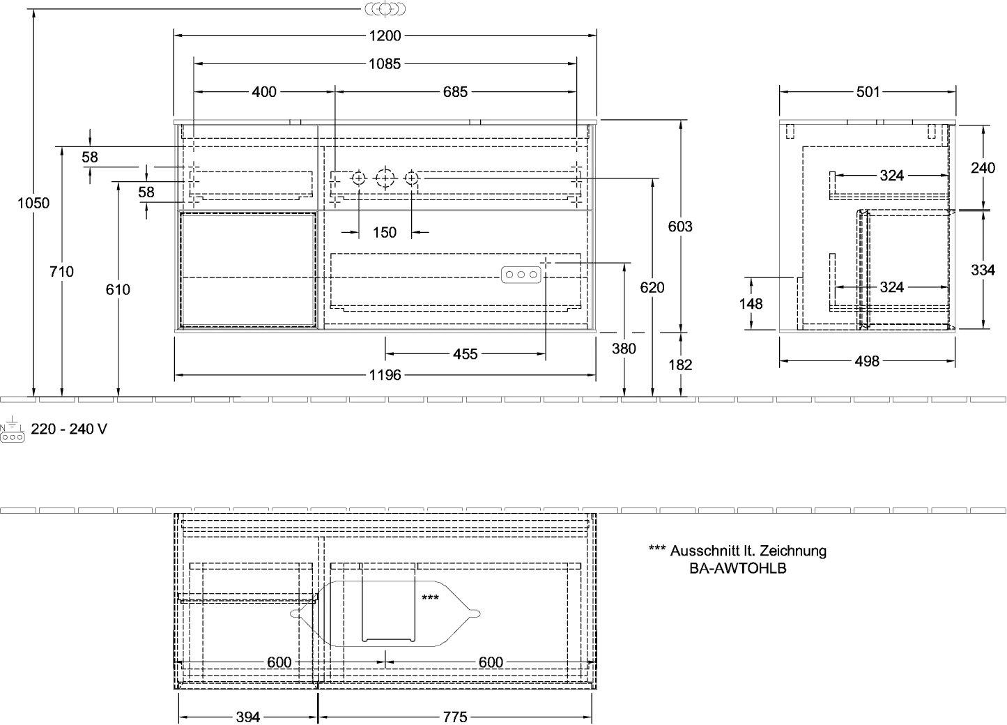 Villeroy & Boch Waschtischunterschrank „Finion“ für Schrankwaschtisch 120 × 60,3 × 50,1 cm 3 Schubladen, für Waschtischposition mittig, inkl. Beleuchtung mittig