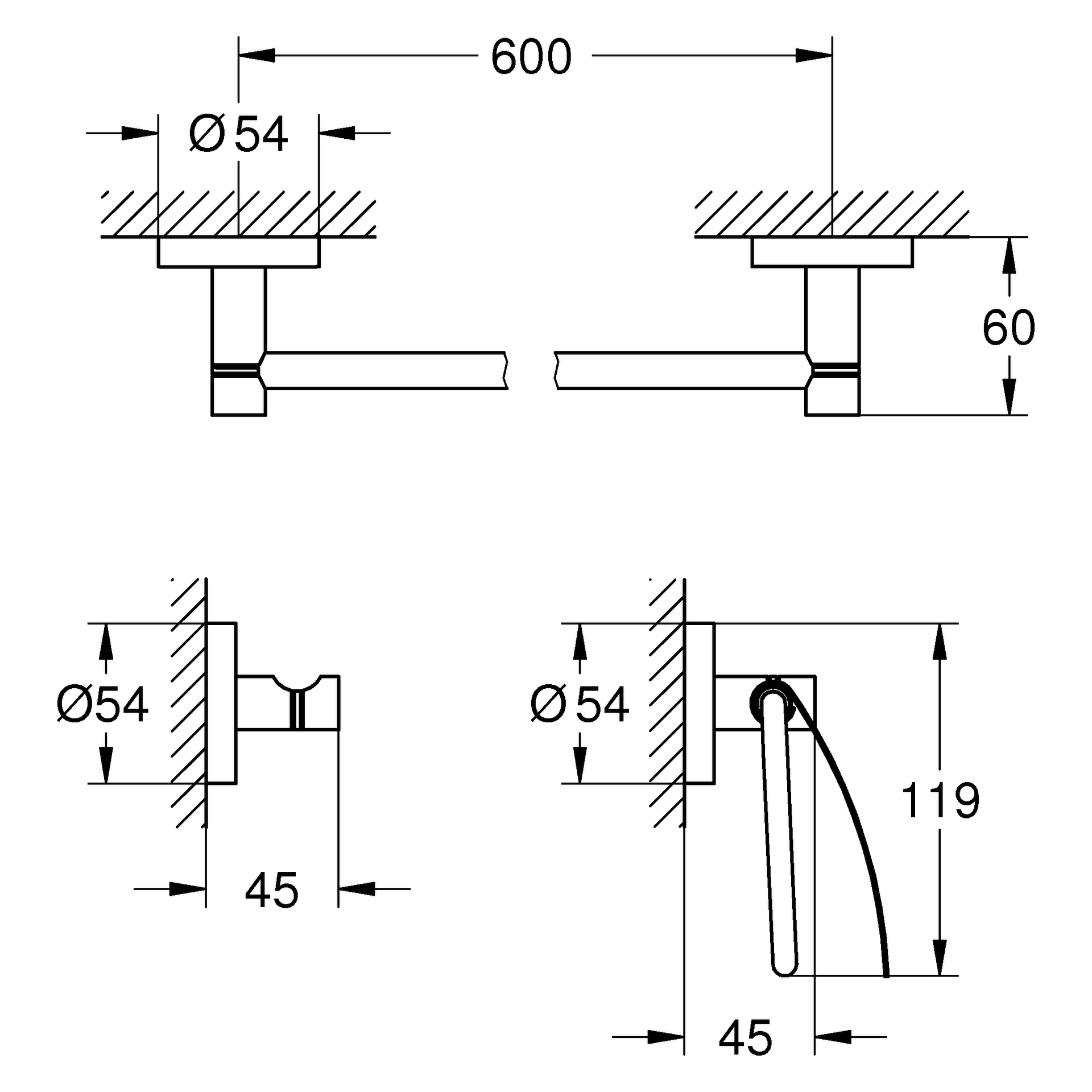 3-in-1 Bad-Set Essentials 40775_1, mit Badetuchhalter 600 mm, Bademantelhaken, WC-Papierhalter, mit Deckel, chrom