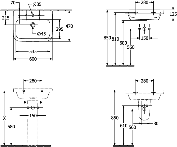 Waschbecken „Architectura“ 60 × 47 × 18 cm, ohne Hahnlochbohrung, mittig