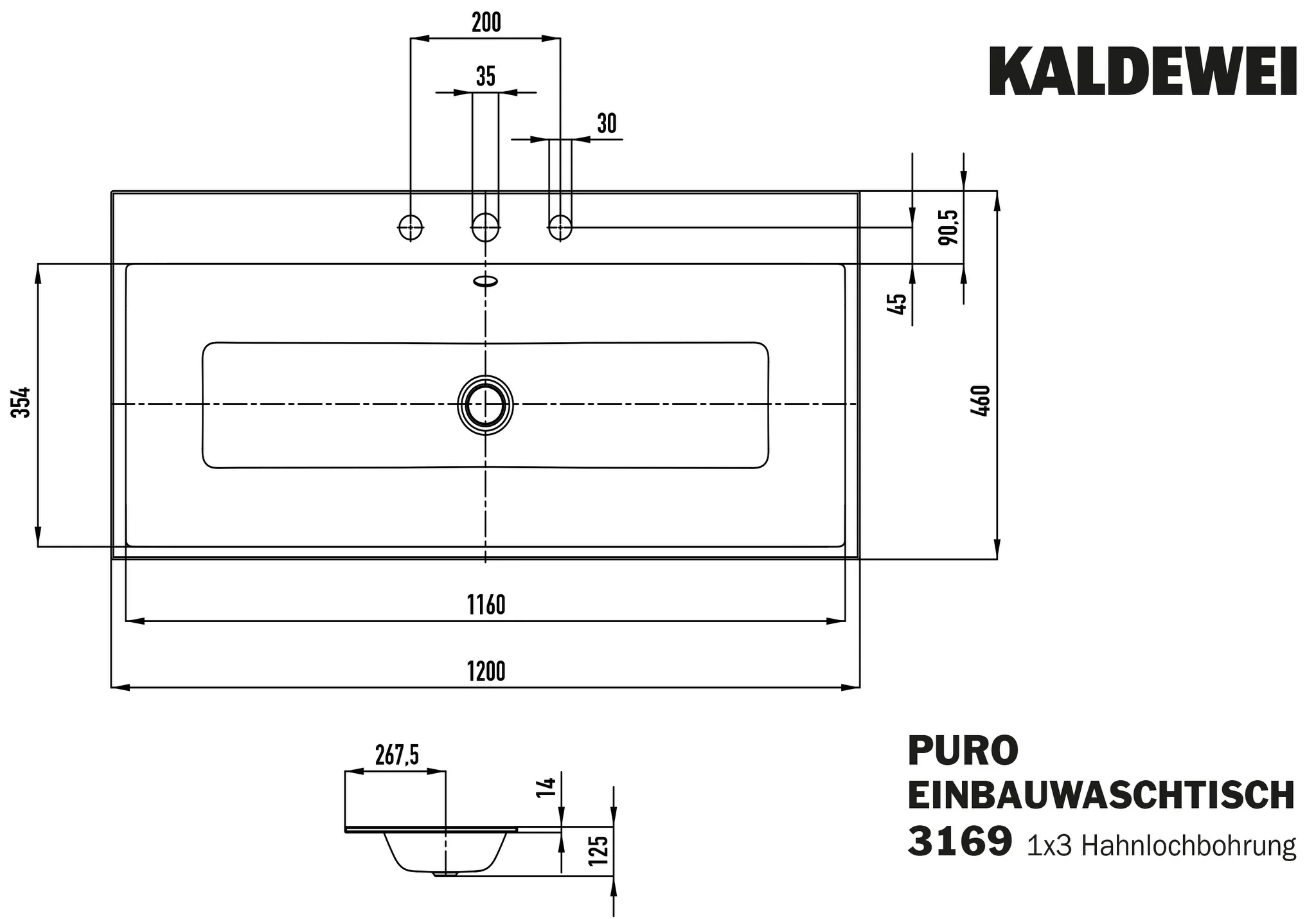 Kaldewei PURO Einbauwaschtisch, 1200x460 mm, cool grey 90, Perl-Effekt, 3er Hahnlochbohrung, mit Überlauf