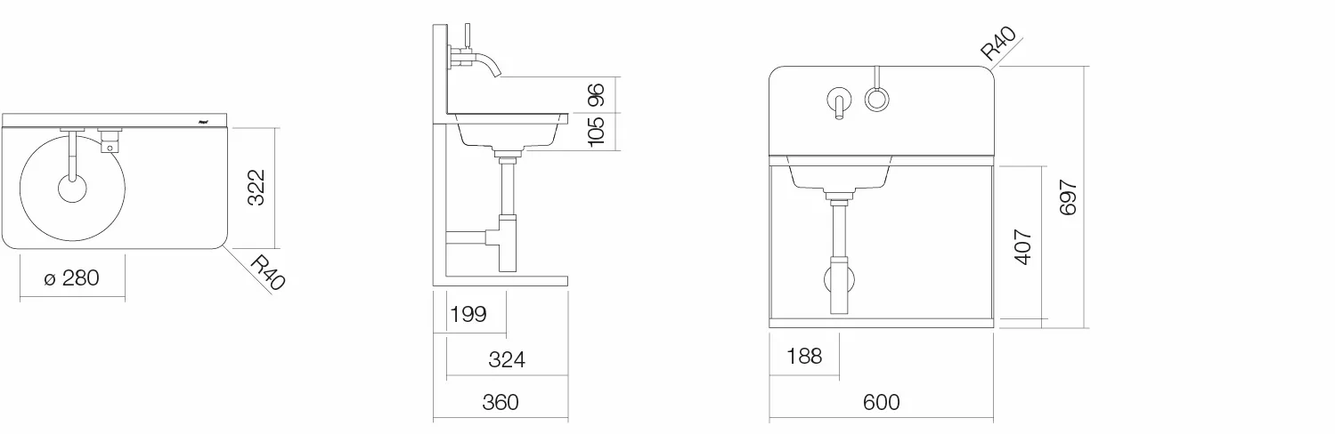 Alape Waschplatz „S19-Serie“ 600 × 697 mm, links