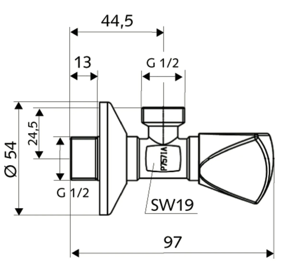 Eckventil mit Regulierfunktion, Dreikanthaubengriff, Schubrosette Ø 54 mm, DN 15 G 1/2 AG, DN 15 G 1/2 AG, chrom