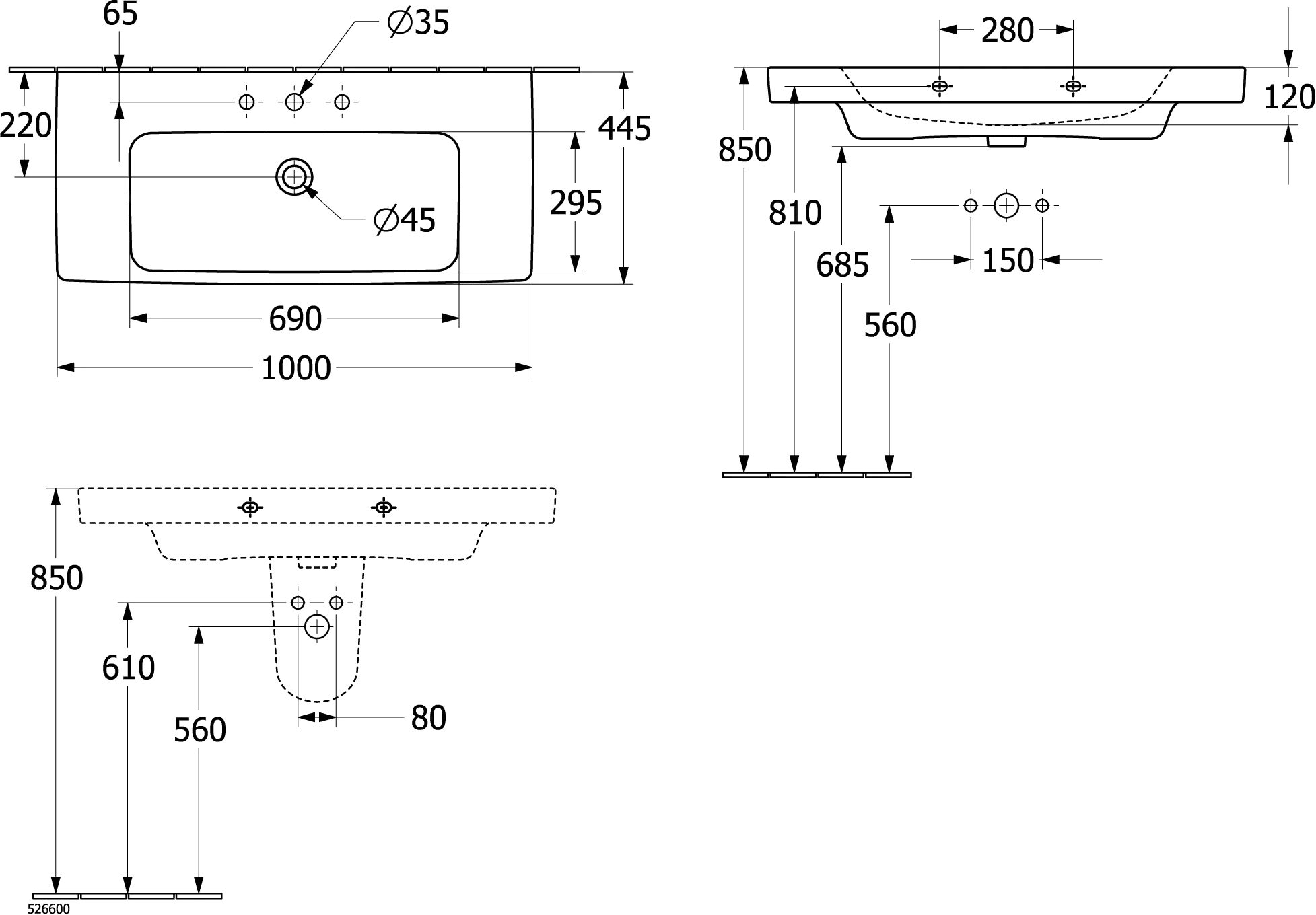 Villeroy & Boch Waschbecken „Architectura“ 1000 × 460 × 165 mm, ohne Hahnlochbohrung, für Becken mittig in Weiß Alpin Villeroy & Boch Waschbecken „Architectura“ 1000 × 460 × 165 mm, ohne Hahnlochbohrung, für Becken mittig in Weiß Alpin