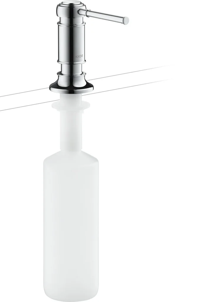 Hansgrohe Spülmittelspender AXOR Montreux chrom, Ausladung 91 mm, Metall, korrosionsbeständiges Auslaufrohr, Flascheninhalt 500 ml, Dosiermenge 2 ml, für Einbau in Arbeitsplatten bis 55 mm, einfache Montage ohne Werkzeug Hansgrohe Spülmittelspender AXOR Montreux chrom, Ausladung 91 mm, Metall, korrosionsbeständiges Auslaufrohr, Flascheninhalt 500 ml, Dosiermenge 2 ml, für Einbau in Arbeitsplatten bis 55 mm, einfache Montage ohne Werkzeug