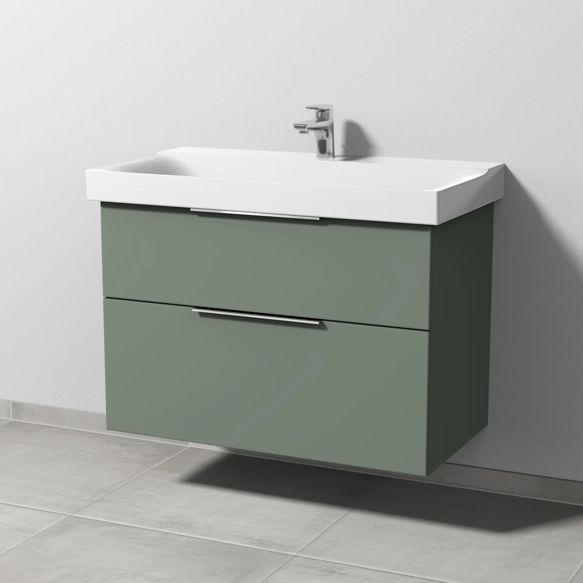 Sanipa Waschtischunterschrank „3way“ passend zu Keramik-Waschtische Xeno2 von Geberit 850 × 593 × 452 mm in Soft-Green, Becken mittig