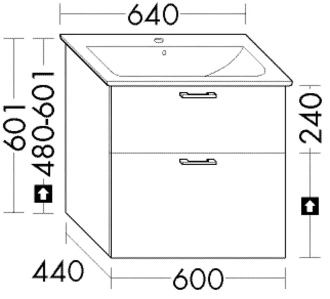 Waschtischunterschrank Sys30 von burgbad – 1 Schublade oben mit Siphonausschnitt, 1 Auszug unten, inkl. Raumsparsiphon, 440 mm tief, 600 mm breit, 601 mm hoch