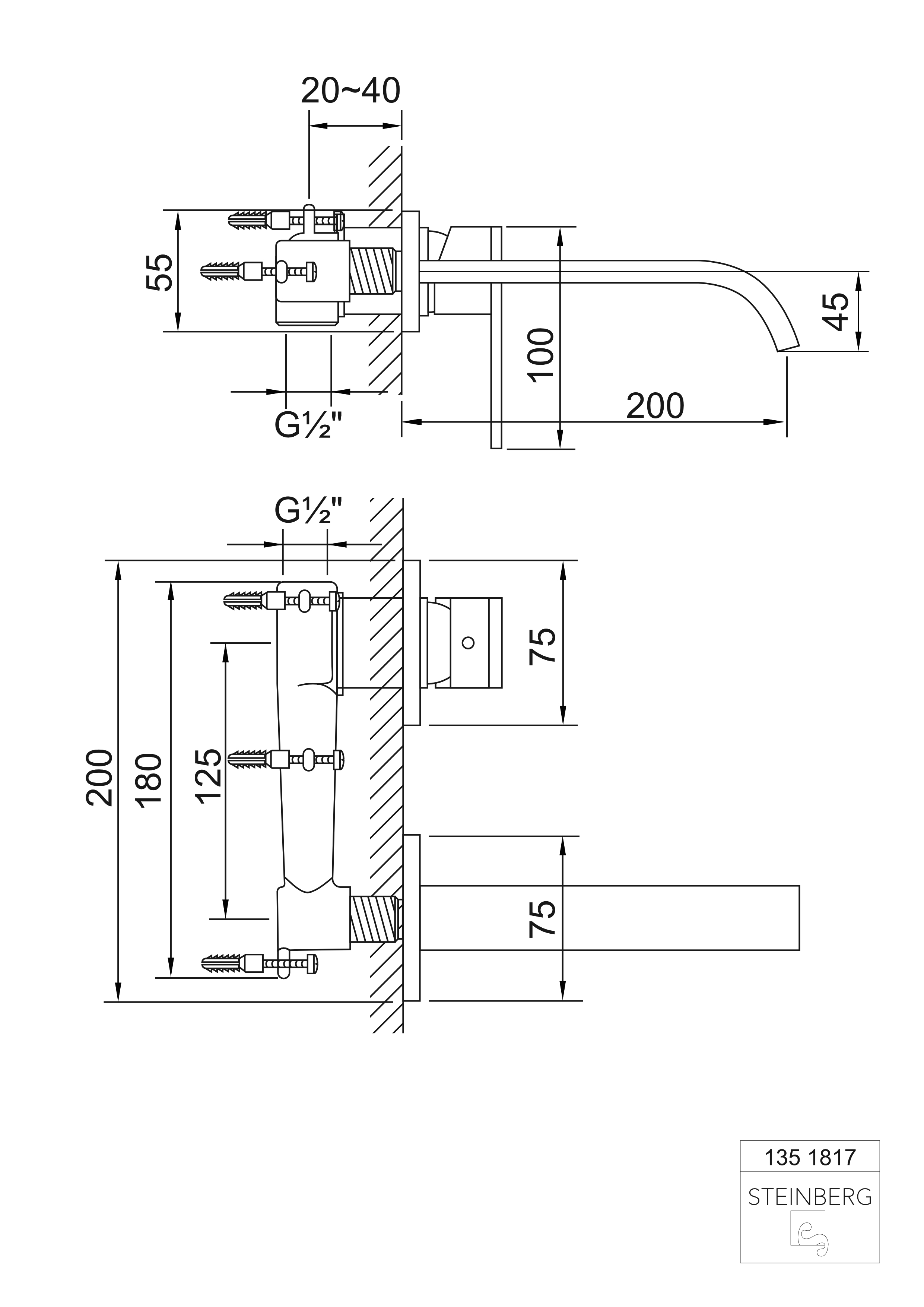 Serie 135 Waschtisch-Einhebelmischer für Wandmontage, mit Einbaukörper, Ausladung: 20 cm Serie 135 Waschtisch-Einhebelmischer für Wandmontage, mit Einbaukörper, Ausladung: 20 cm