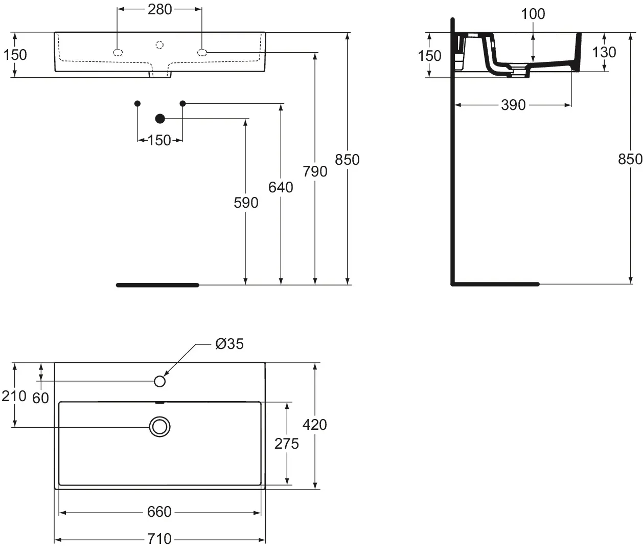Waschbecken „Strada“ 71 × 42 × 14,5 cm, Hahnlochposition mittig Waschbecken „Strada“ 71 × 42 × 14,5 cm, Hahnlochposition mittig