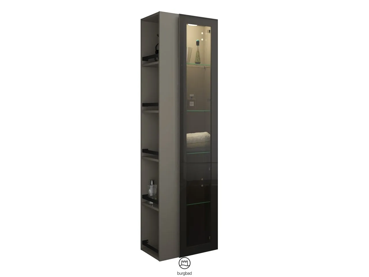 Hochschrank, 1 Alurahmentür mit Rauchglaseinsatz in Bronze;4 Glaseinlegeböden;LED-Innenbeleuchtung, 5 W, 4000 K;Energieeffizienzklasse F;für Raumschaltung;offenes Regal mit 4 Einlegeböden;IP20, Tiefe: 320 mm, Breite: 500 mm, Höhe: 1760 mm
