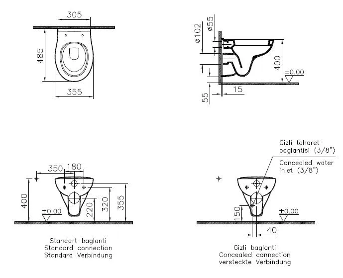 VitrA S20 Tiefspüler-Wand-WC Compact mit Bidetfunktion ovale Form 35 x 49 cm Weiß Hochglanz