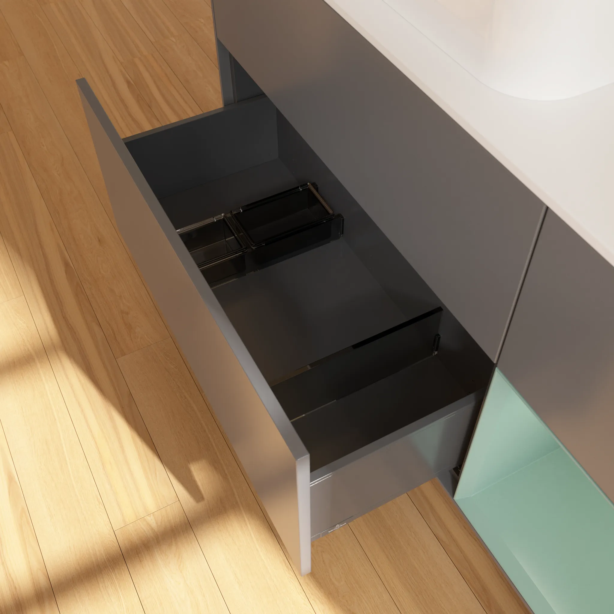 Villeroy & Boch Waschtischunterschrank „Finion“ für Schrankwaschtisch 1200 × 603 × 501 mm Anthracite Matt Lacquer, für Becken links, mit Hahnlochbohrung