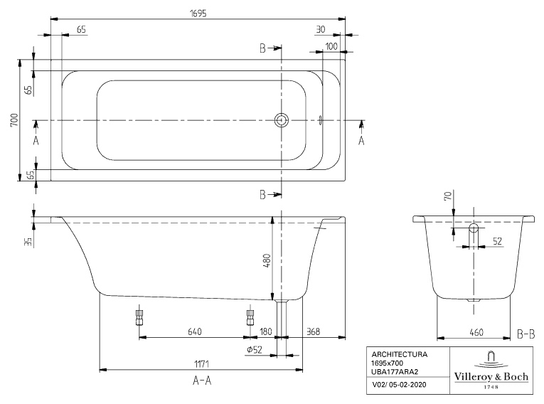 Villeroy & Boch Badewanne „Architectura“ rechteck 170 × 70 cm, rechteckig, Fußablauf 