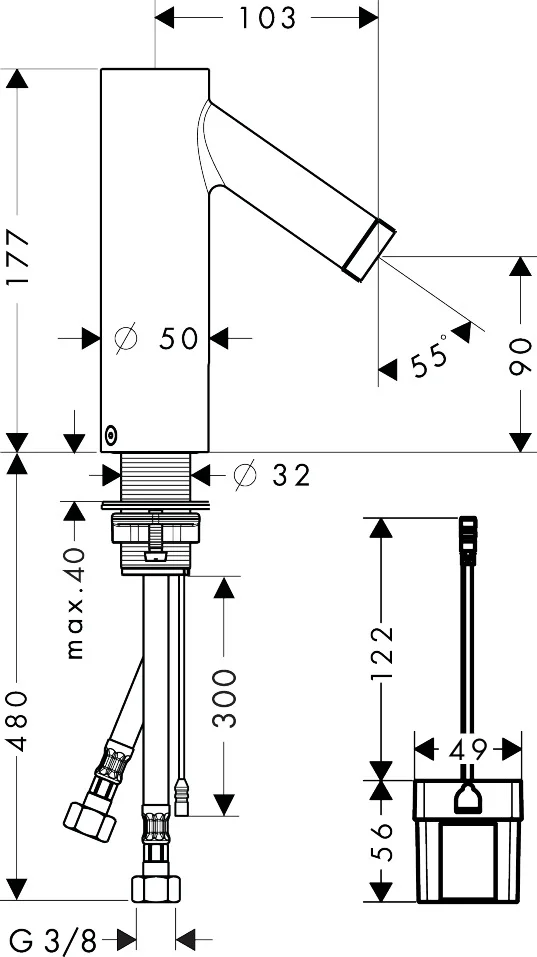 Hansgrohe AXOR Starck Elektronik-Waschtischmischer, Chrom, Ausladung 103 mm, Normalstrahl, Batteriebetrieb, Temperaturvoreinstellung Hansgrohe AXOR Starck Elektronik-Waschtischmischer, Chrom, Ausladung 103 mm, Normalstrahl, Batteriebetrieb, Temperaturvoreinstellung