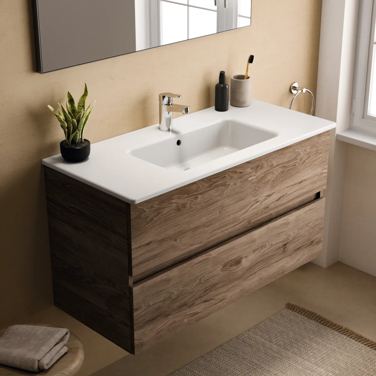 Ideal Standard Waschtischunterschrank „Eurovit+“ 100 × 55 × 44 cm Nussbaum geflammt Ideal Standard Waschtischunterschrank „Eurovit+“ 100 × 55 × 44 cm Nussbaum geflammt