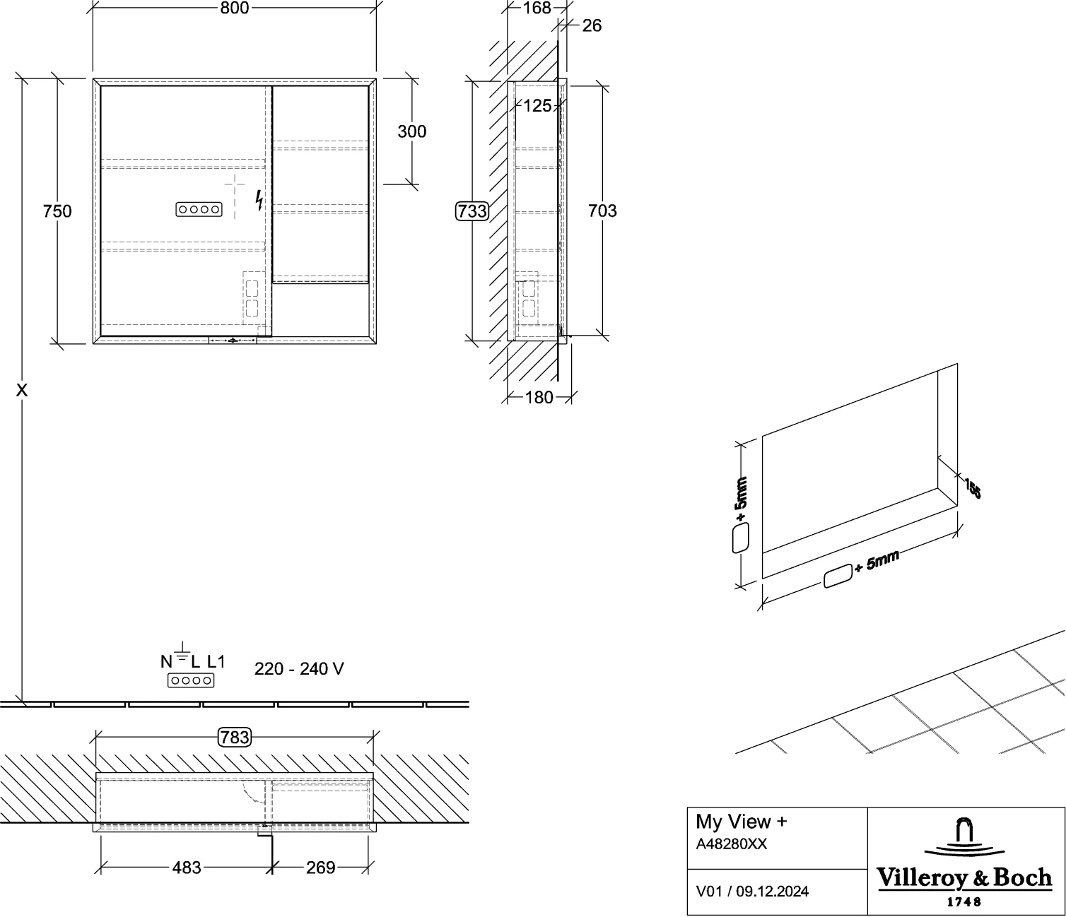 Villeroy & Boch Einbau-Spiegelschrank My View+ A48280, 800x750x167mm, Brilliant White