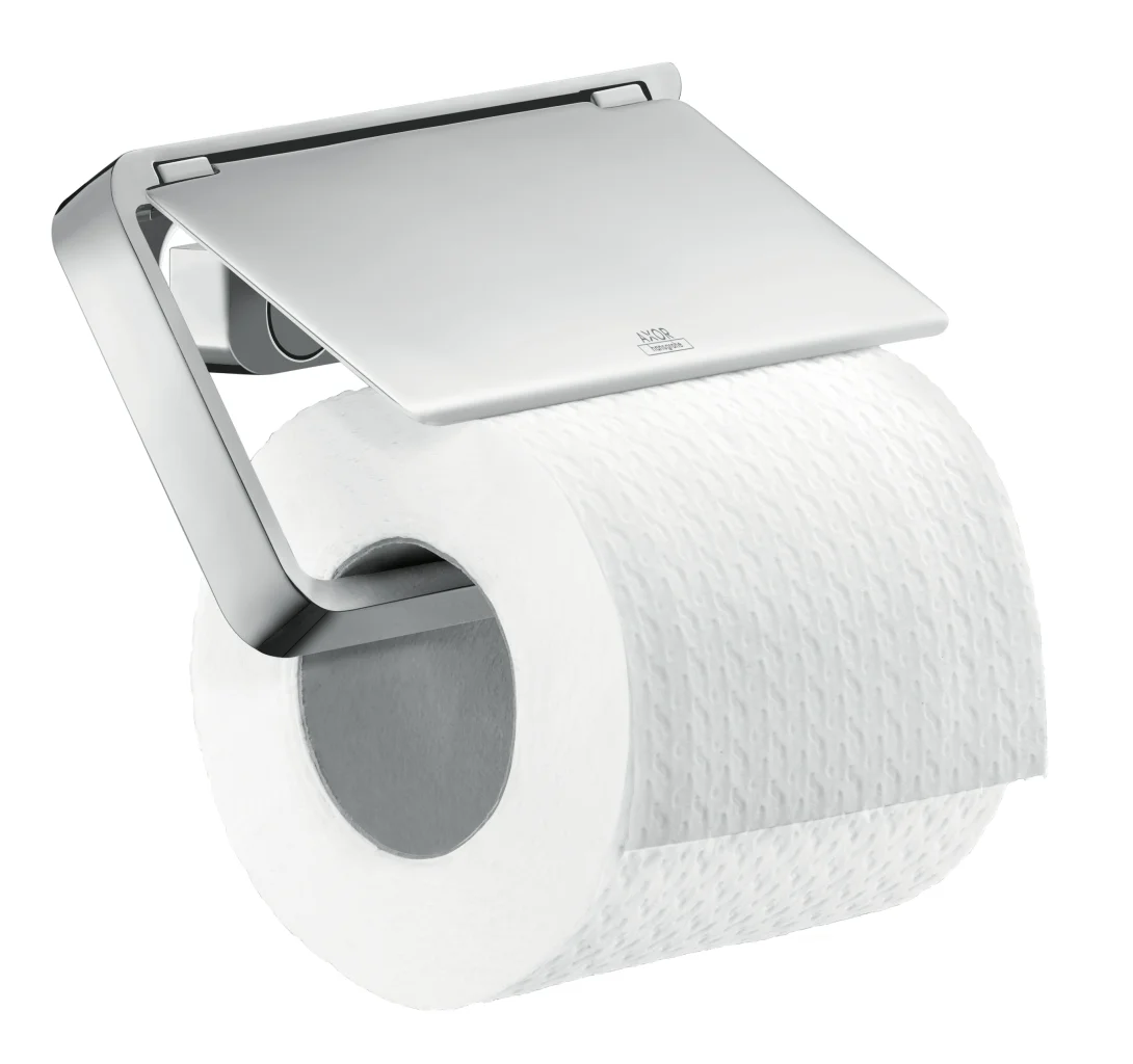 Hansgrohe AXOR Universal Softsquare Toilettenpapierhalter mit Deckel, Chrom, Wandmontage, spiegelverkehrt, kombinierbar mit Seifenschale und Ablage