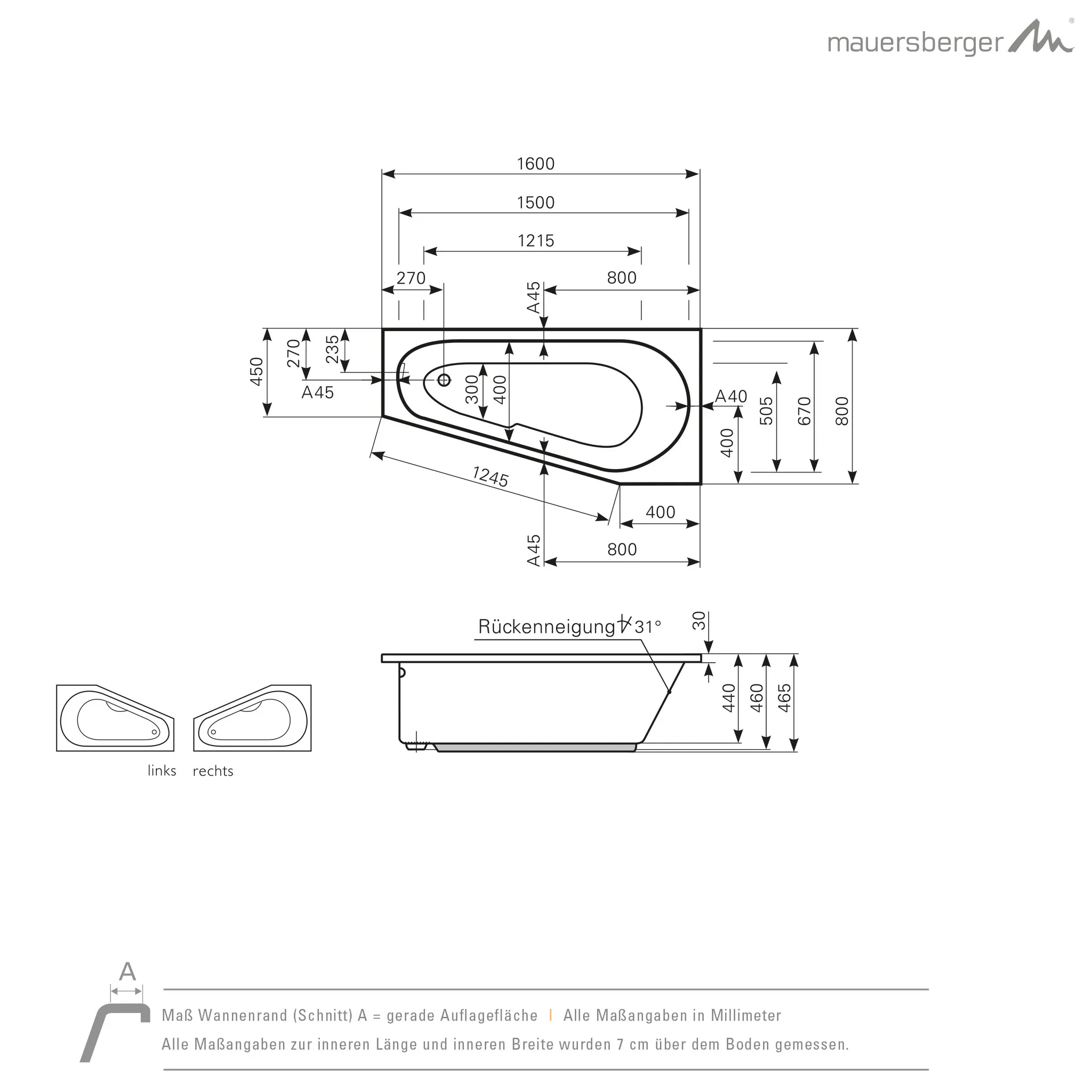 Mauersberger stricta Acryl-Badewanne stricta 160⁄80 links, 1600x800x465, weiß Mauersberger stricta Acryl-Badewanne stricta 160⁄80 links, 1600x800x465, weiß