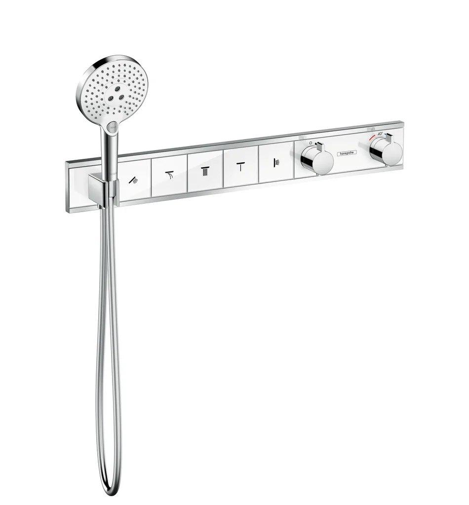 Hansgrohe RainSelect Thermostat Unterputz, 5 Verbraucher, weiß/chrom, mit integriertem Brausehalter und Tasten für Handbrause, Schwall, Rain groß, MonoRain, Seitenbrause
