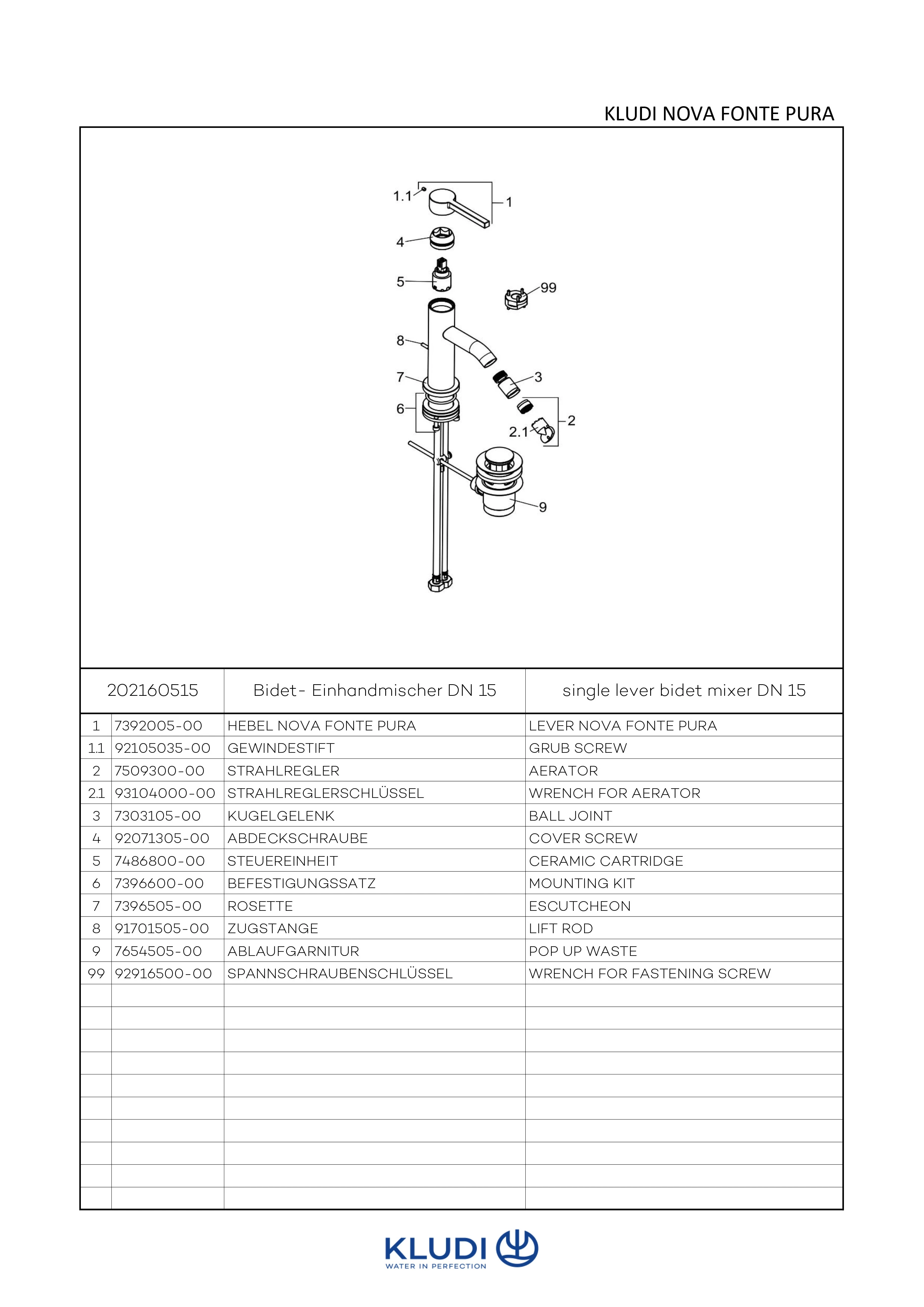 Kludi NOVA FONTE Pura Bidet-EHM mit Zugstange chrom Kludi NOVA FONTE Pura Bidet-EHM mit Zugstange chrom